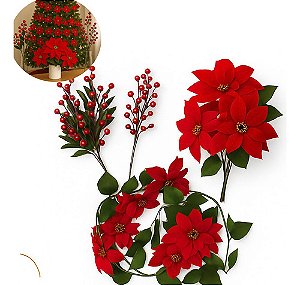 Kit 4 Peças Natal Azevinho Poinsettia Pendente P/ Árvore Nfe