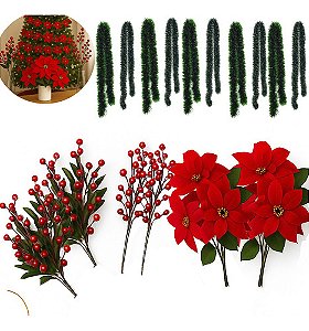Kit 16 Enfeites Natalino Poinsettia Azevinho Festões Sortido