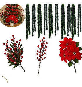 Kit Natal Poinsettia Azevinhos 10 Festões Sortidos Decoração