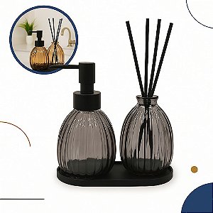 Kit Banheiro Vidro Relevo Luxo Lavabo 3 Peças Porta Sabonete