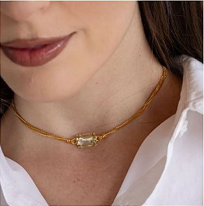 COLAR CHOKER GRAZI OCTAGONAL BANHADO A OURO 18K