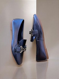 Mocassim couro legítimo metalizado azul