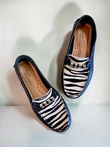 Mocassim preto zebra couro legítimo