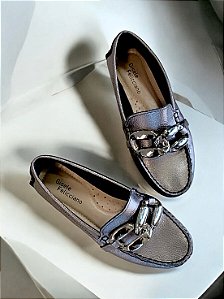 Mocassim prata metalizado couro legítimo