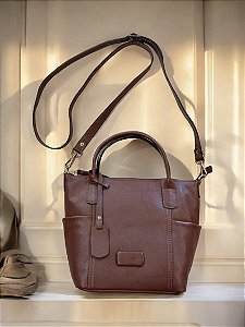 Bolsa couro café alça mão e transversa