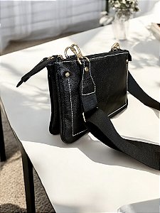 Bolsa 2 zíperes preta couro legítimo