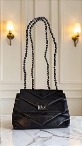 Bolsa Chevron Preta Couro Legítimo Nobre