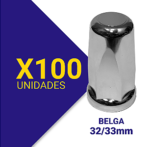 Capa de porca belga 32/33 Cromada Kit 100 Unidades