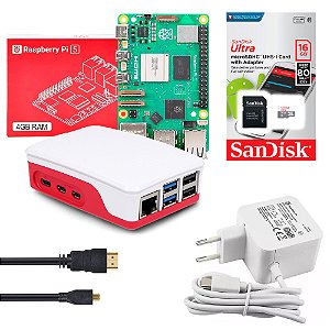 Kit Raspberry Pi 5 4GB Oficial, 16GB, Case, Cooler, Dissipadores, Fonte, Cabo MicroHDMI