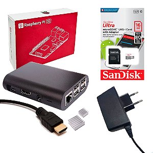 Kit Raspberry Pi 3 B MicroSD 16GB Case Dissipadores Fonte Cabo HDMI