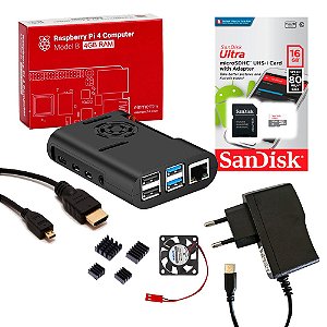 Kit Raspberry Pi 4 4GB microSD 16GB Case Cooler Dissipadores Fonte MicroHDMI