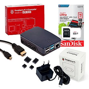Kit Raspberry Pi 4 4GB Oficial microSD 16GB Case Dissipadores Fonte MicroHDMI