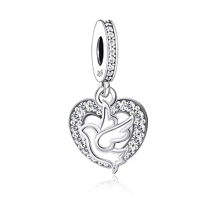 Berloque pendente Pomba da Paz Coração em prata 925 legítima