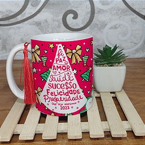 Caneca Natalina - Feliz Natal Papai Noel e arvore de desejos