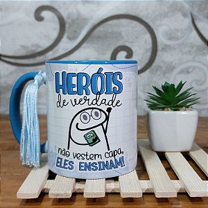 Caneca Dia dos Professores Flork Heróis de verdade - alça e interior Azul