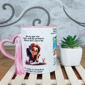 Caneca dia dos Professores Alça Coração Rosa - O caderno