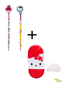 2 LÁPIS + 1 APONTADOR C/ DEPÓSITO E BORRACHA HELLO KITTY