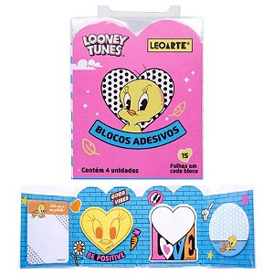 Bloco Adesivo Looney Tunes Cartela 3 Dobras C/ 4 Blocos 15F cada Leoarte
