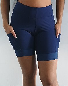 Bermuda Azul Suplex Corrida Fitness Maratona Academia Treino Cós Alto C/ Bolsos