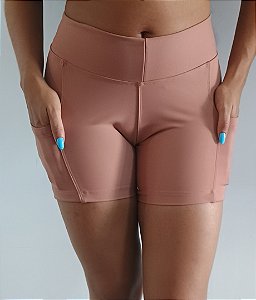 Short Suplex Marrom Fitness Lady Academia Treino Cós Alto C/ Bolsos