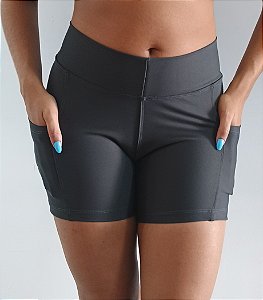 Short Suplex Cinza Fitness Lady Academia Treino Cós Alto C/ Bolsos