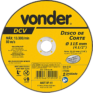 Disco de corte 115,0 mm x 1,6 mm x 22,23 mm, DCV, VONDER