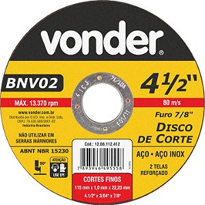 Disco de corte 115 mm x 1,0 mm x 22,23 mm, BNV 02, VONDER