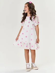 Vestido Branco Flor bordada Rosa