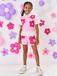 Conjunto Colete E Short Flores Rosa Mundo Cinti