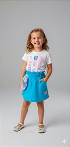 Conj Blusa e Short/saia Natural/Azul Hawai