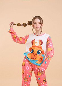 Pijama Suede Capivara Manga Longa Rosa