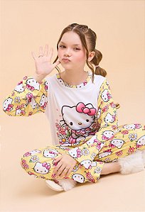 Pijama Hello Kitty Suede Manga Longa Amarelo