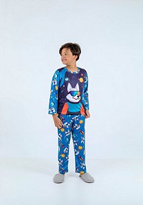 Pijama Suede Lobo Infantil Azul Outono/Inverno
