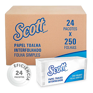 Papel Toalha Interfolhado Scott® Folha Simples - Caixa com 6.000 Folhas - 24 pacotes de 250 folhas