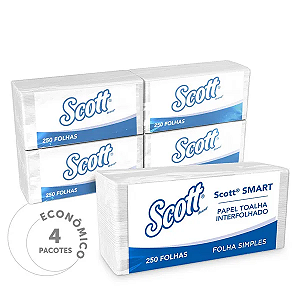 Papel Toalha Interfolhado Scott® Smart Folha Simples 250 Folhas - Fardo com 4 Unidades