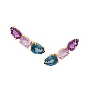 Brinco Ear Cuff Ouro 18k Topazio Azul e Ametista