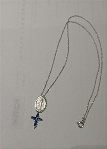 Colar Nossa Senhora das Gracas com Cruz Ouro 18 com Diamante