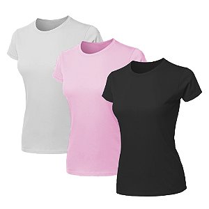 Kit 3 Blusas Feminina Camiseta Lisa Básica Algodão Camisa Baby Look