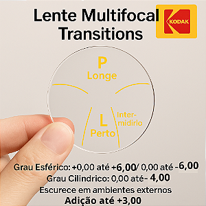 Lente Multifocal Kodak Transitions com Antirreflexo – Conforto Visual em Todas as Situações de Luz  💰 Valor: R$ 790,00  A Lente Multifocal Kodak com Transitions e Antirreflexo