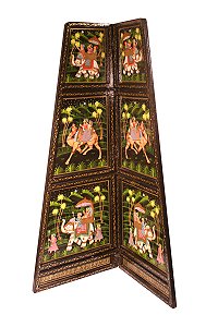 BIOMBO PRETO PINTADO COM FIGURAS INDIANAS ( Tamanho pequeno)