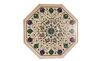 TAMPO DE MESA DE MÁRMORE BRANCO COM PEDRAS SEMIPRECIOSAS INDIANAS