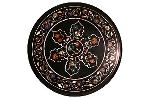 TAMPO DE MESA DE MÁRMORE PRETO COM PEDRAS SEMIPRECIOSAS INDIANAS
