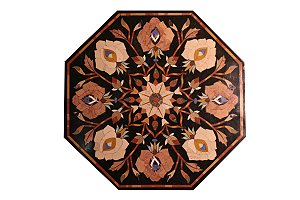 TAMPO DE MESA DE MÁRMORE PRETO COM MOSAICOS INDIANOS
