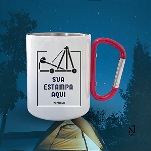 Caneca Aço Inox Branca 300ml Alça Mosquetão Vermelha