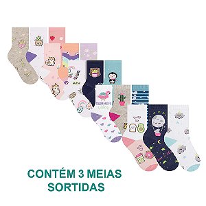 3 Pares Meias Infantil Selene Estampada Calcanhar Verdadeiro