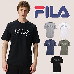 Camiseta Fila Letter Outline Casual em Algodão Confortável com Manga Curta e Gola Careca
