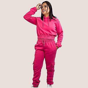Conjunto Feminino Liso Moletom Cargo Com Touca Toque Macio