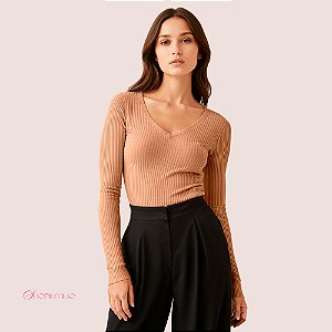 Blusa Feminina Malha Canelada Gola V Térmica Confortável