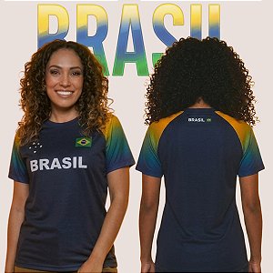Camiseta Brasil Bandeira Azul Feminina Dry Fit Leve Respirável Esportiva Premium Torcedora