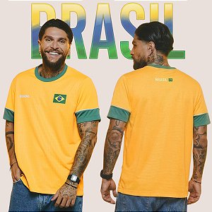 Camiseta Brazil Masculina Dry Fit Amarela Casual Confortável Para Jogos e Treinos